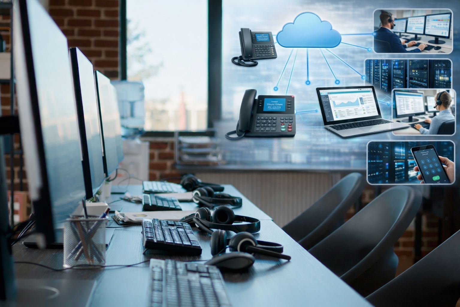 : A hosted phone system for small business on a laptop in a modern office.