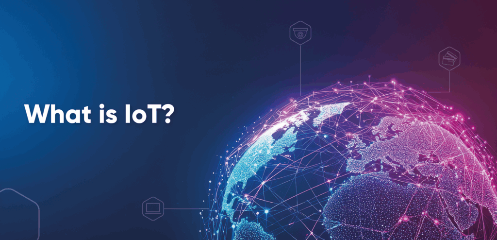 Infographic explaining what is IoT by showing connected sensors and smart devices in a UK business environment.