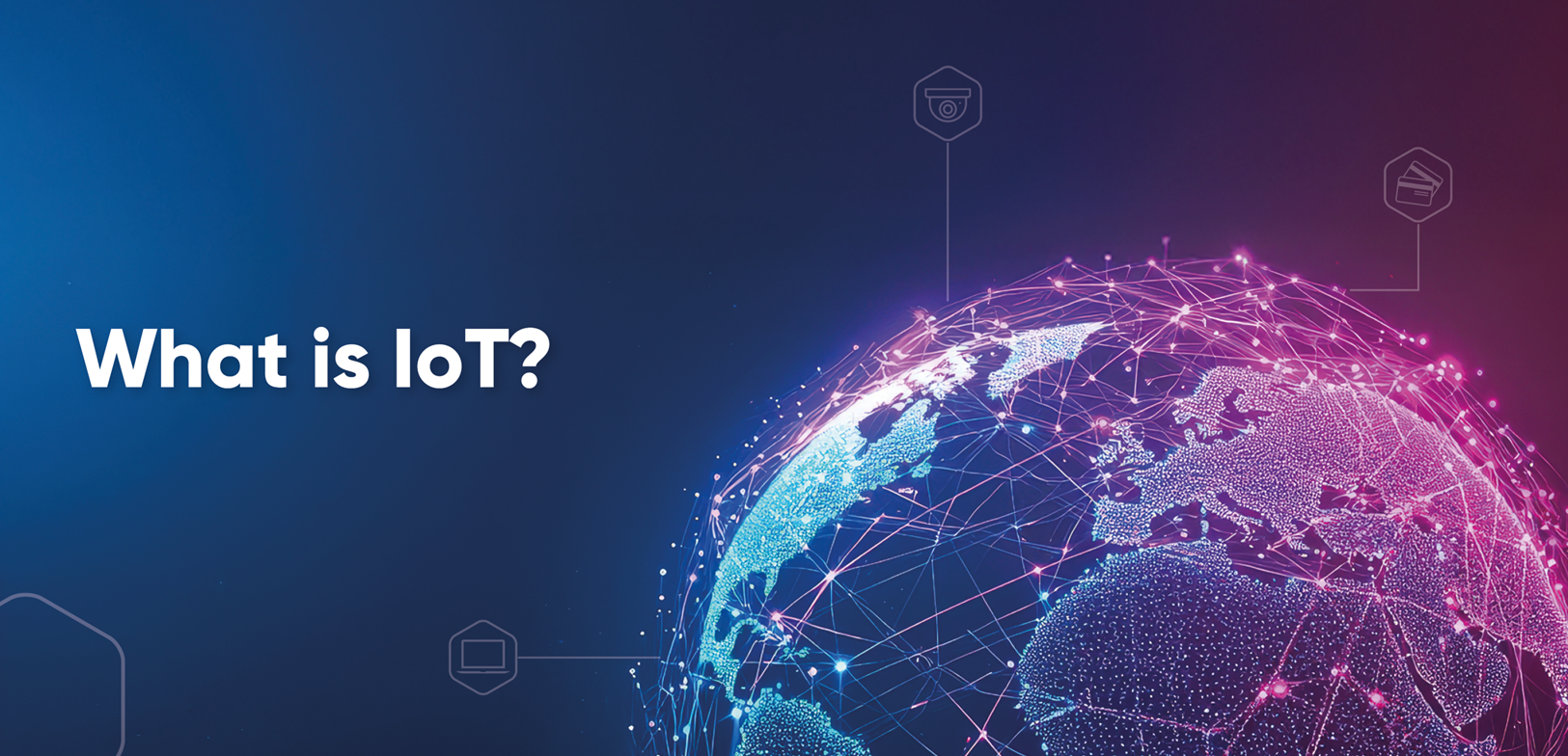 Infographic explaining what is IoT by showing connected sensors and smart devices in a UK business environment.